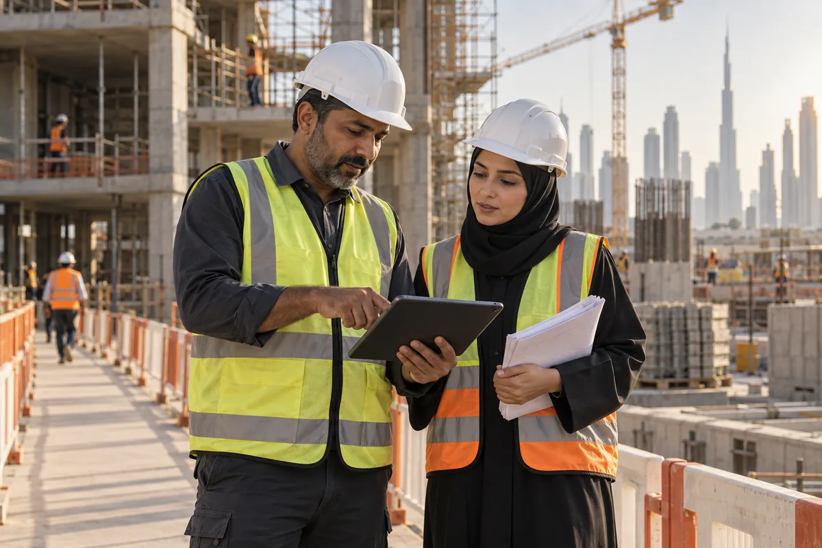 Construction supervisors reviewing a tablet at a building site