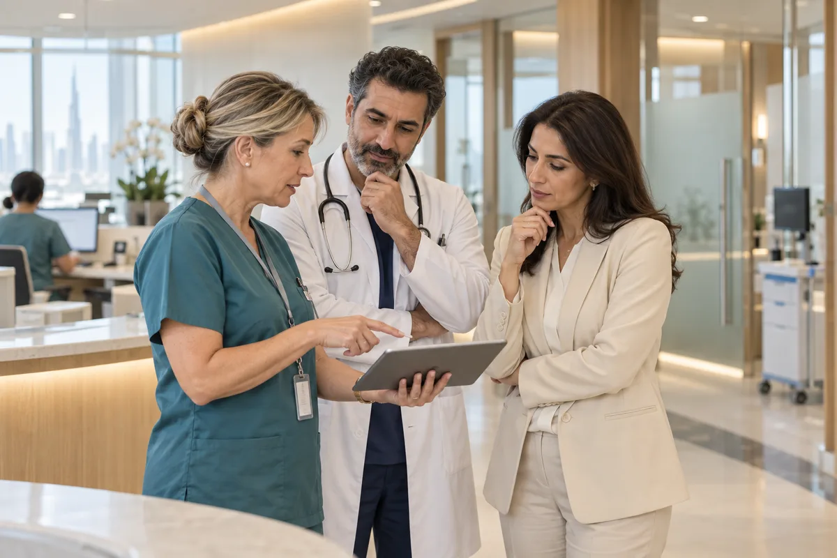 Healthcare colleagues coordinating staff coverage at a clinic