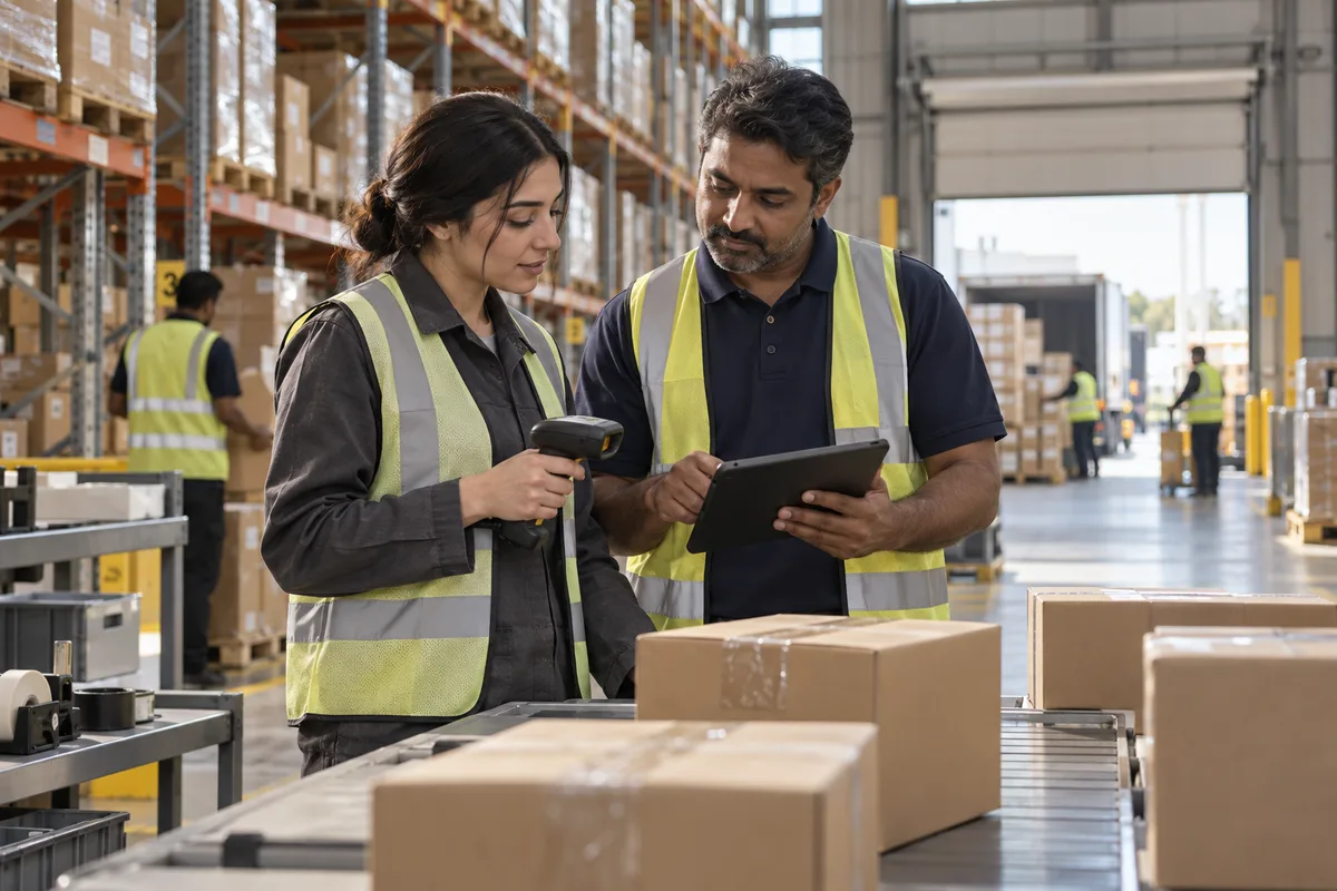 Warehouse colleagues reviewing dispatch work with a scanner and tablet