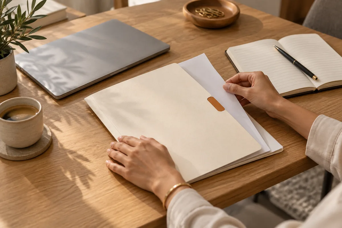 Hands organising an employee document folder at a sunlit desk